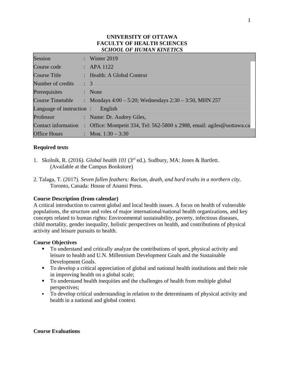 Winter 2019 Course Outline for APA 1122 - Health - A Global Context