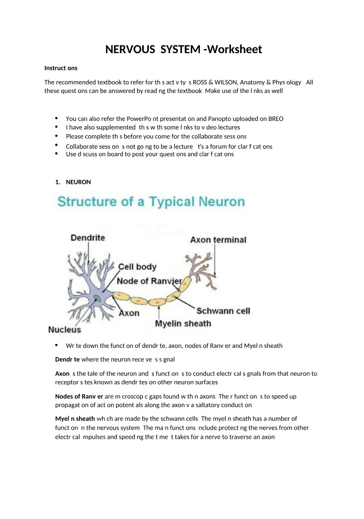 Worksheet on the Nervous System