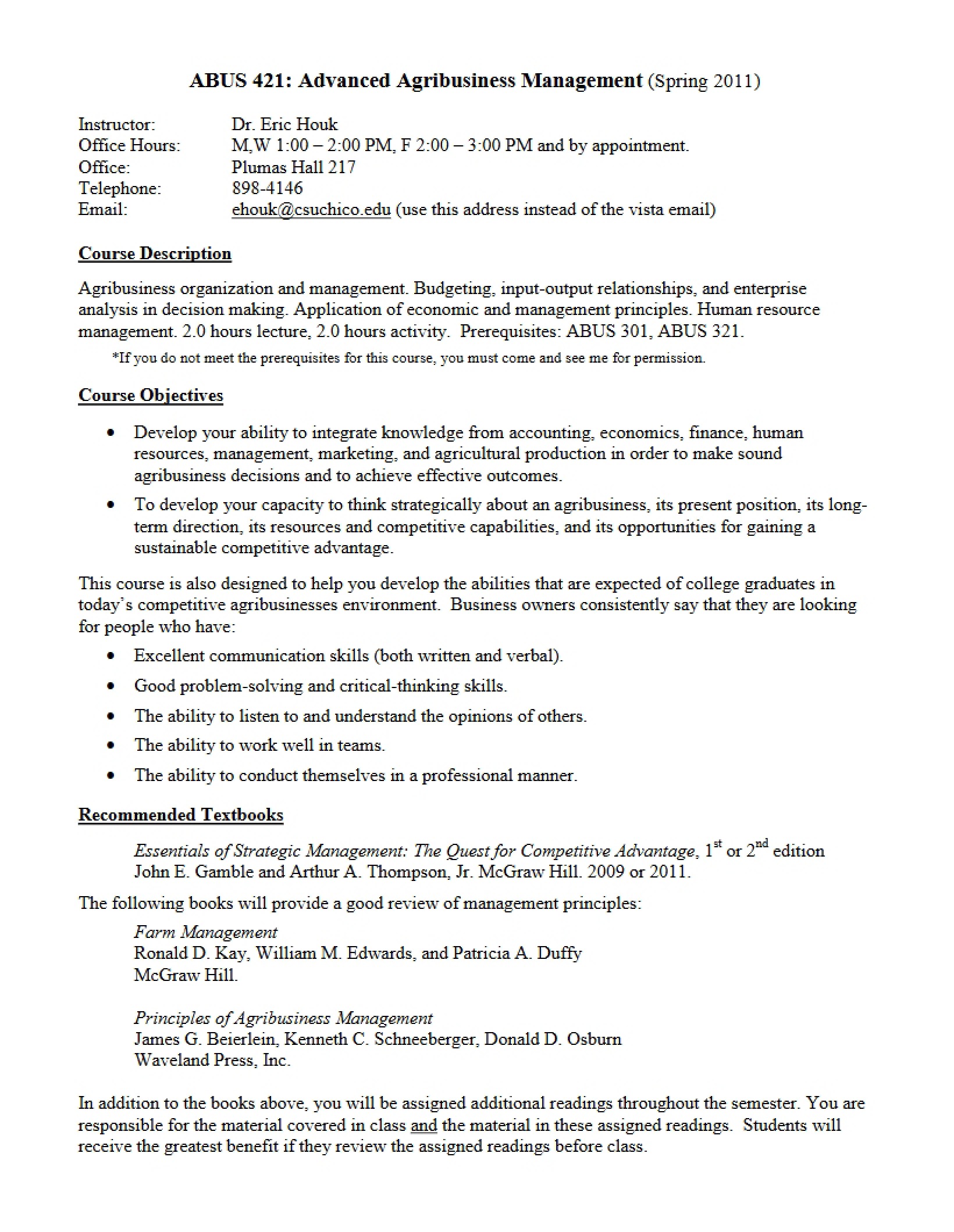 Course Outline Advanced Agribusiness