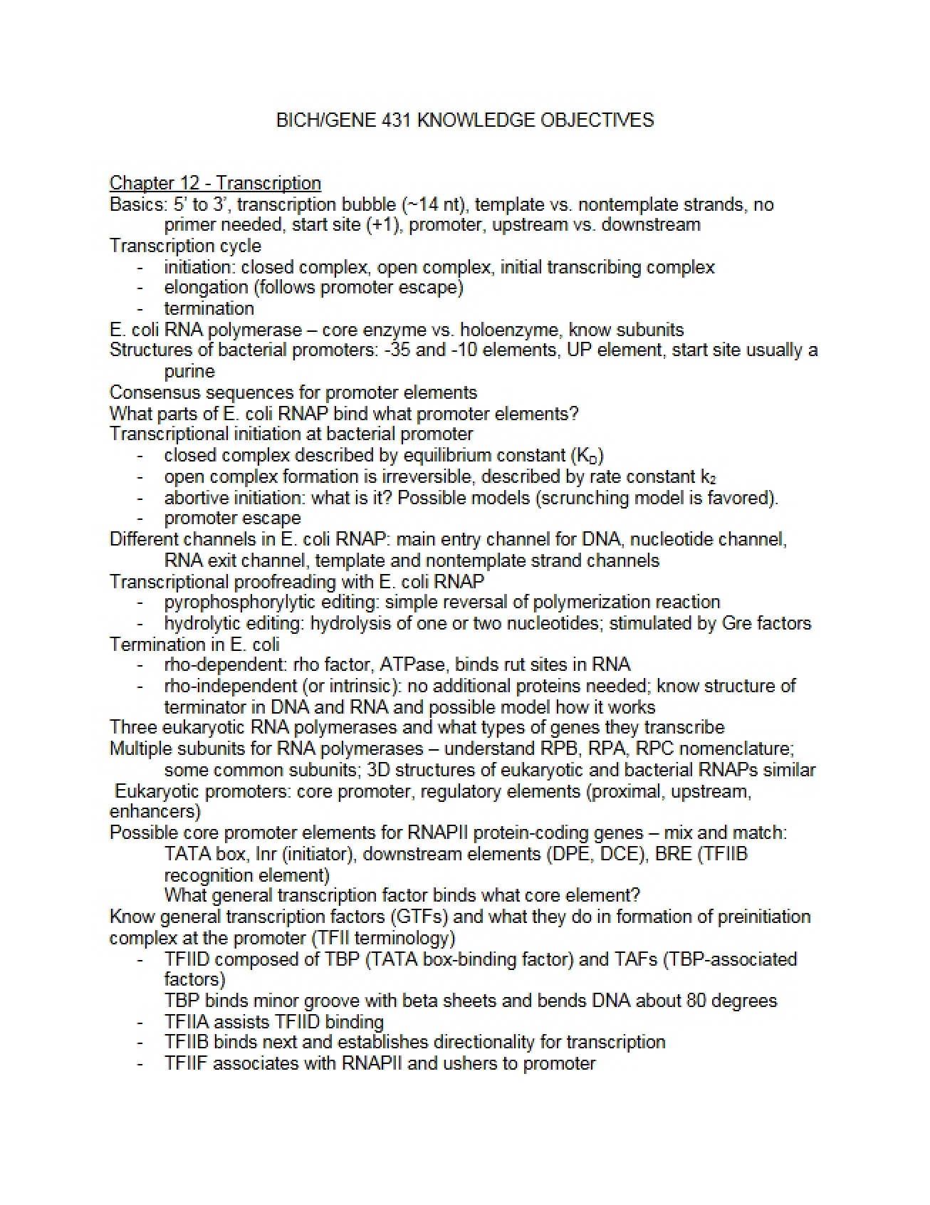 Set of Knowledge Objectives for Chapter 12 of Molecular Genetics