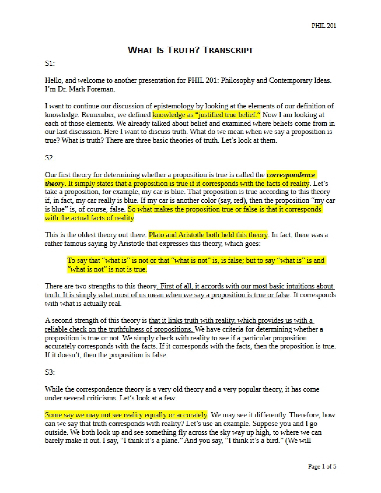 Transcript on Defining Truth