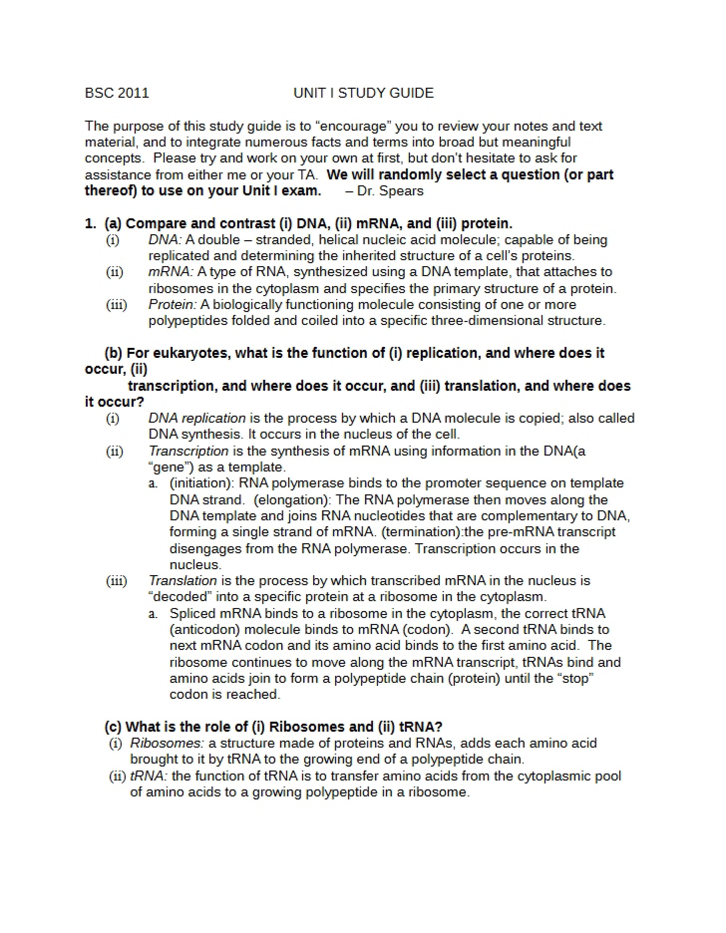 UNIT I COMPREHENSIVE STUDY GUIDE