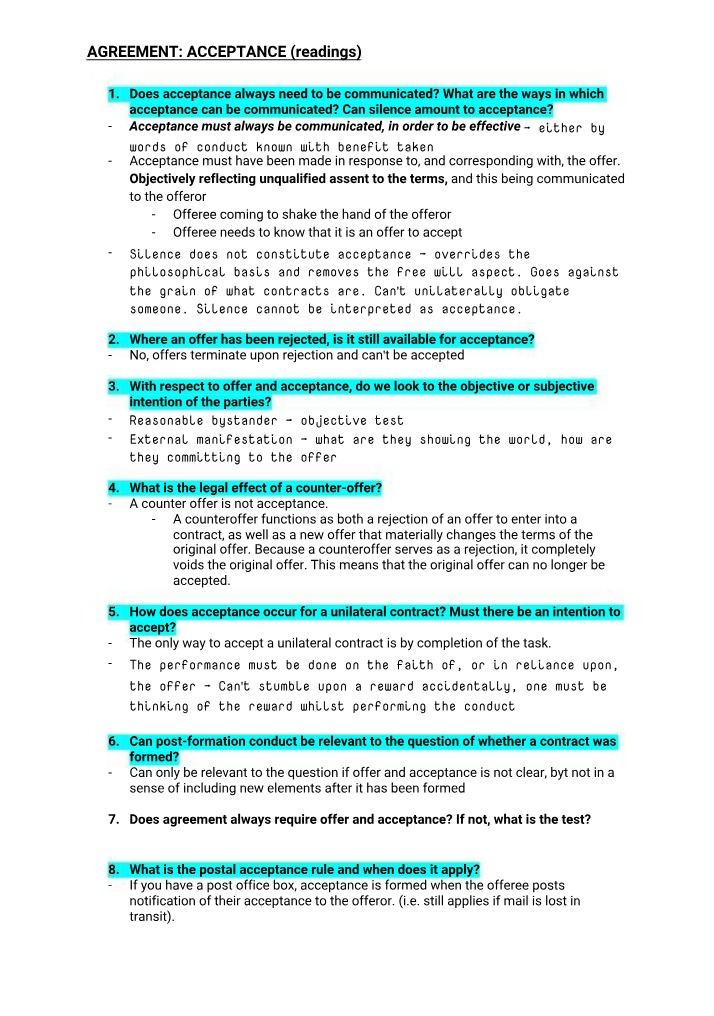 Readings on Agreement Acceptance