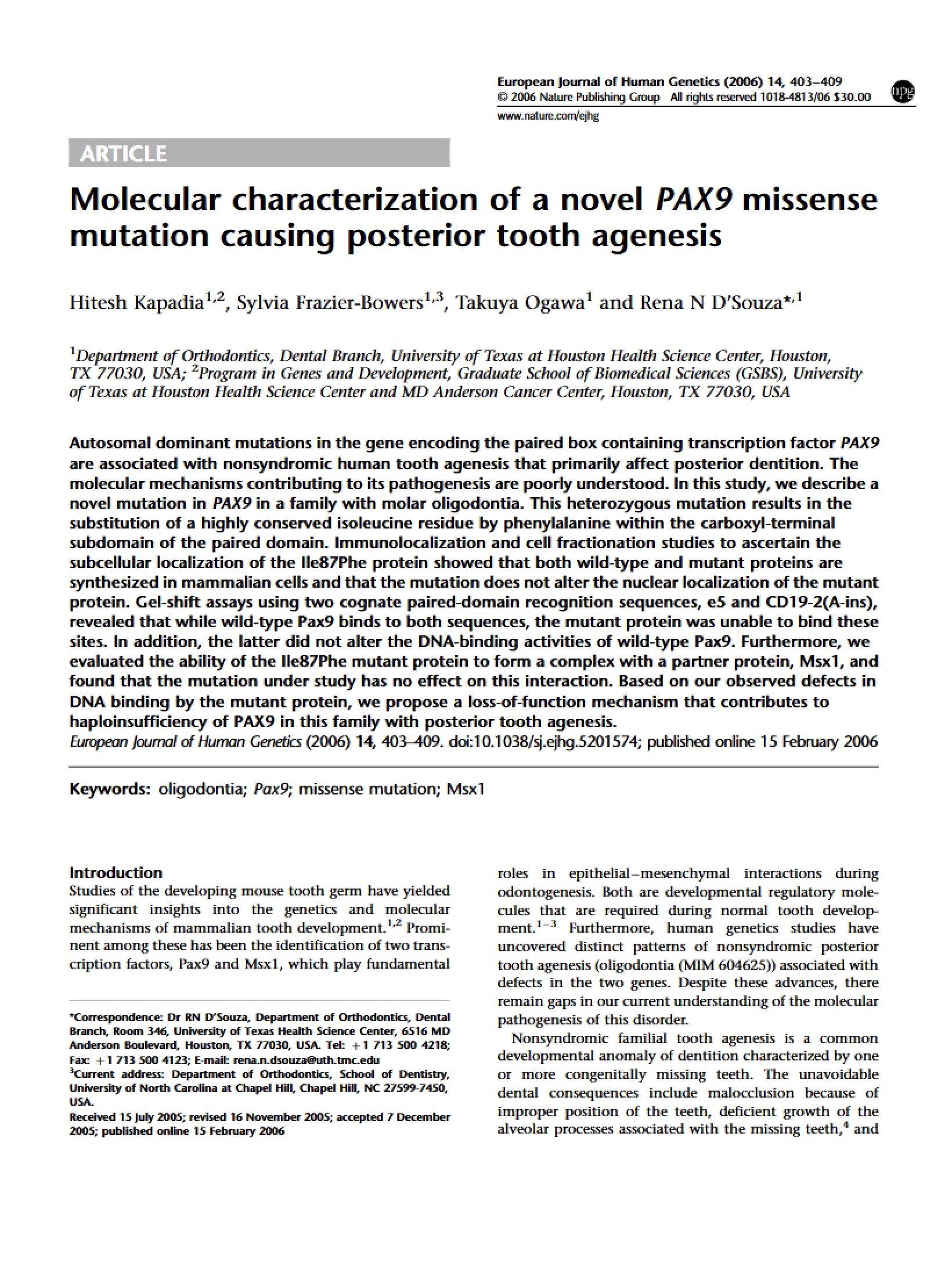 PAX9 Missense Mutation and Posterior Tooth Agenesis