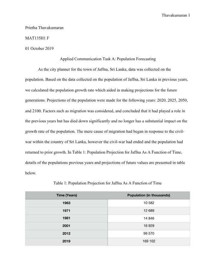 Population Forecasting - Applied Communication Task A