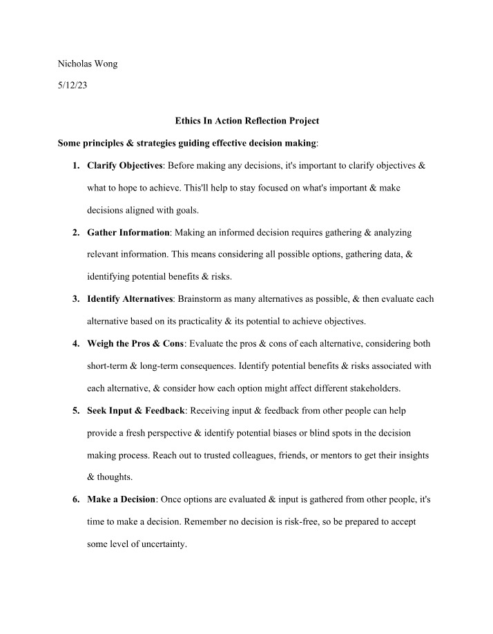 Reflection Project on Ethics in Action