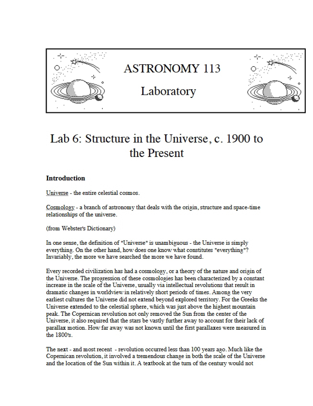 Structure of the Universe (Lab 6)