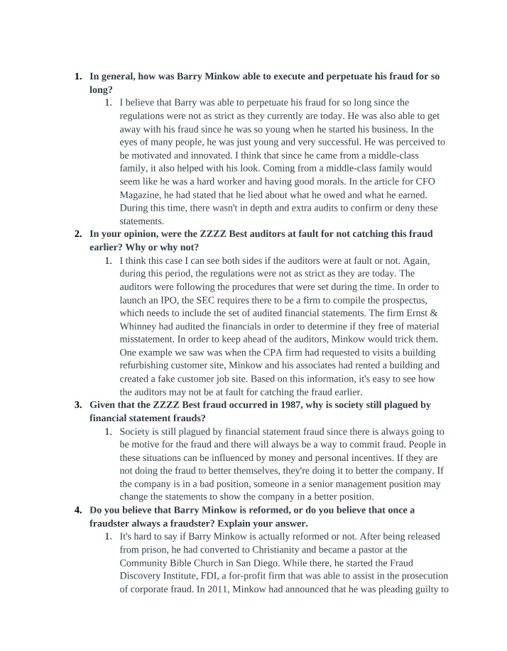 ZZZZ Best Case Study - ACCT 803 Questions