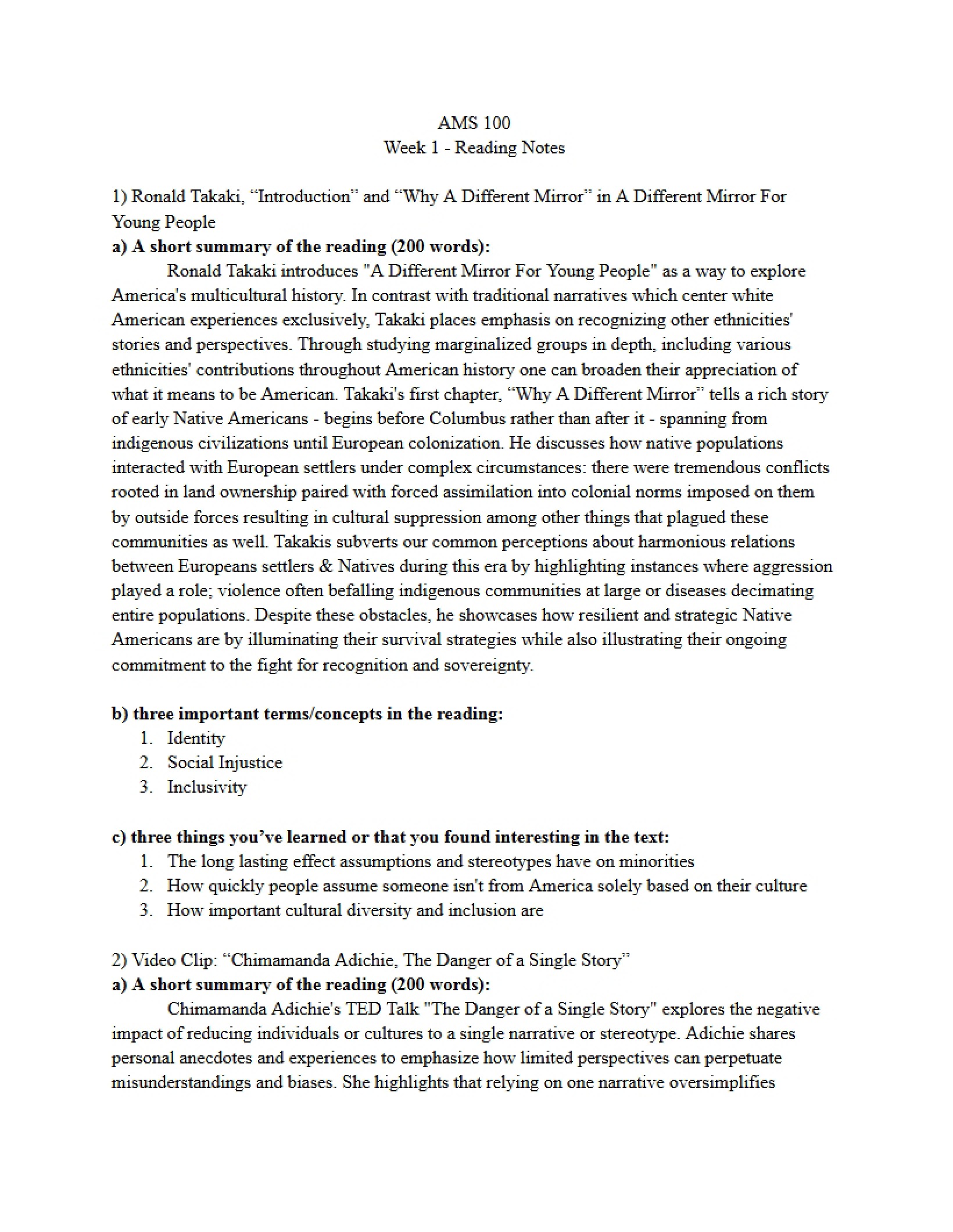 Reading Notes Week One