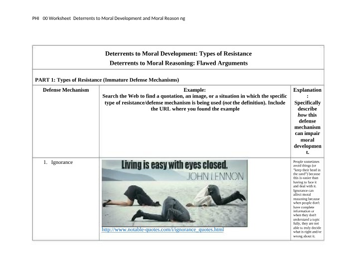 Worksheet - Moral Development and Reasoning Deterrents