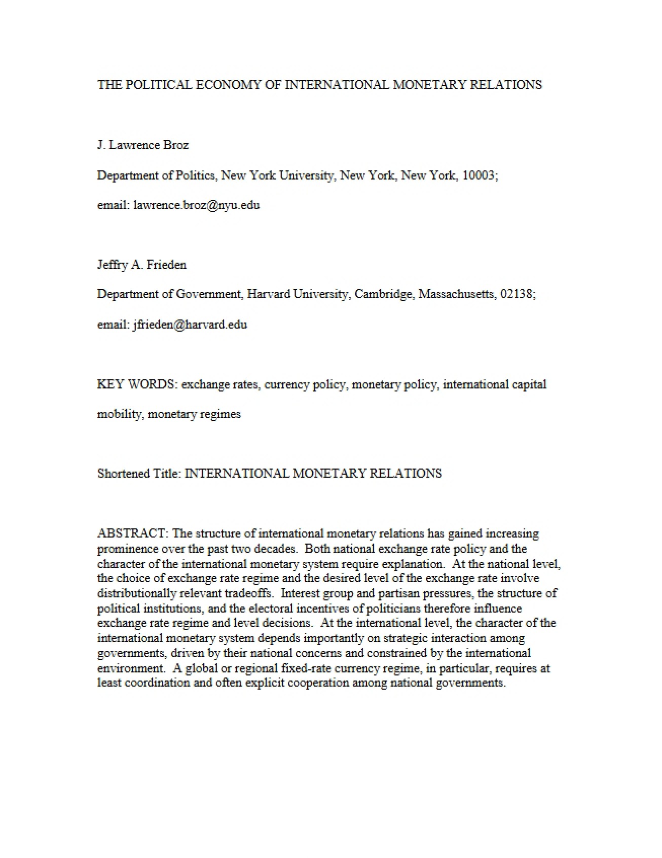 Overview of the Political Economy of International Monetary Relations