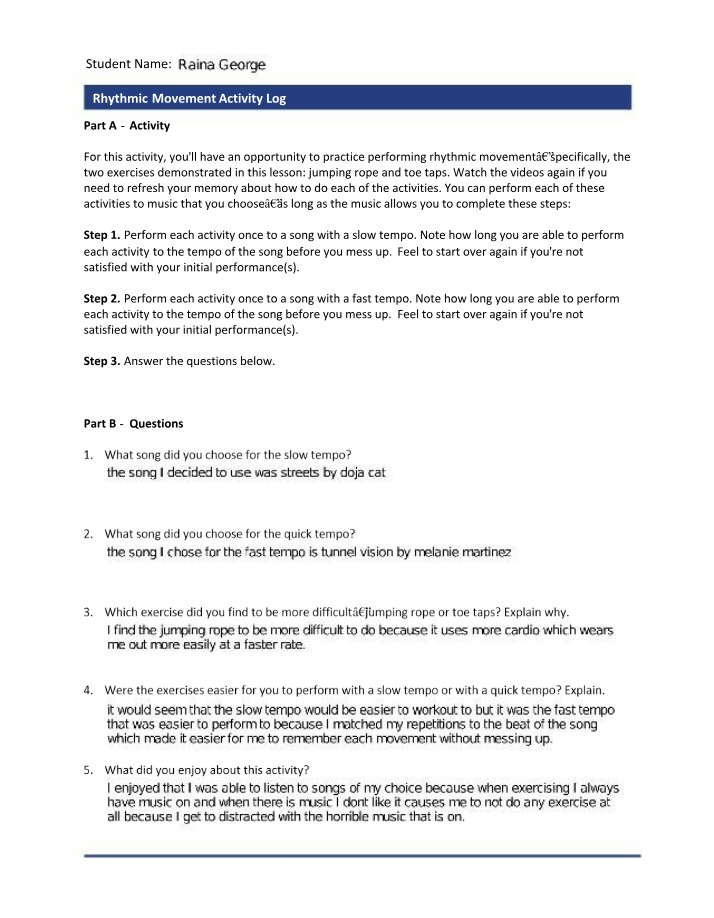 Activity Log for Rhythmic Movement