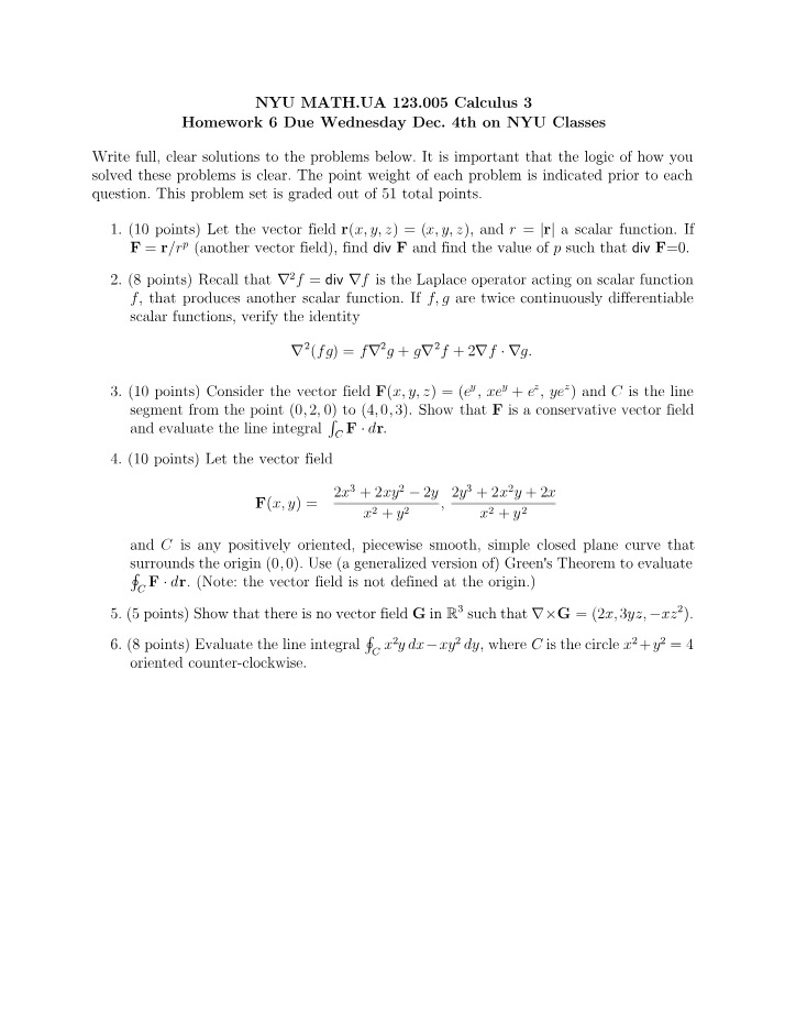 Calculus 3 Homework 6 - Vector Fields, Line Integrals, Laplace Operator, and Green's Theorem