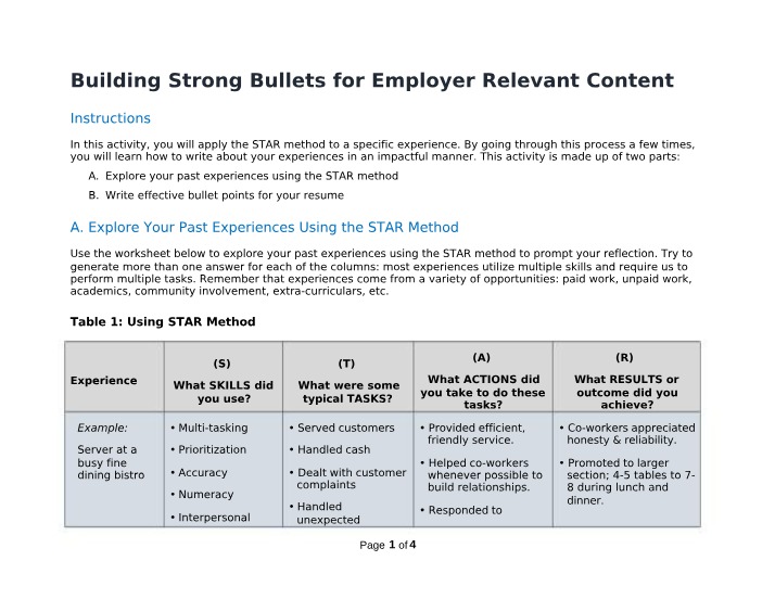 Worksheet for Resume Bullets