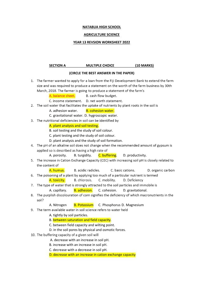 Year 13 Agriculture Science - 2022 Revision Worksheet