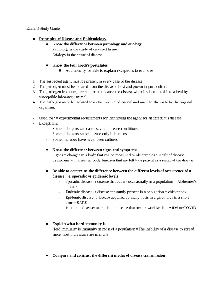 Exam 3 Study Guide - Principles of Disease and Epidemiology