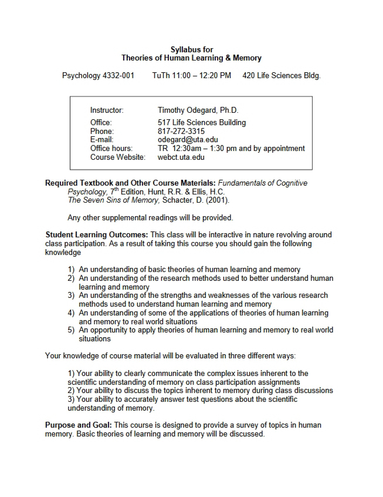 Syllabus Theories of Learning and Memory
