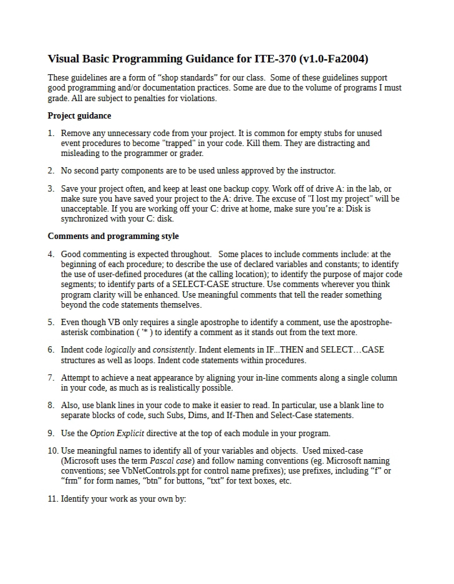 Guidance for Visual Basic Programming