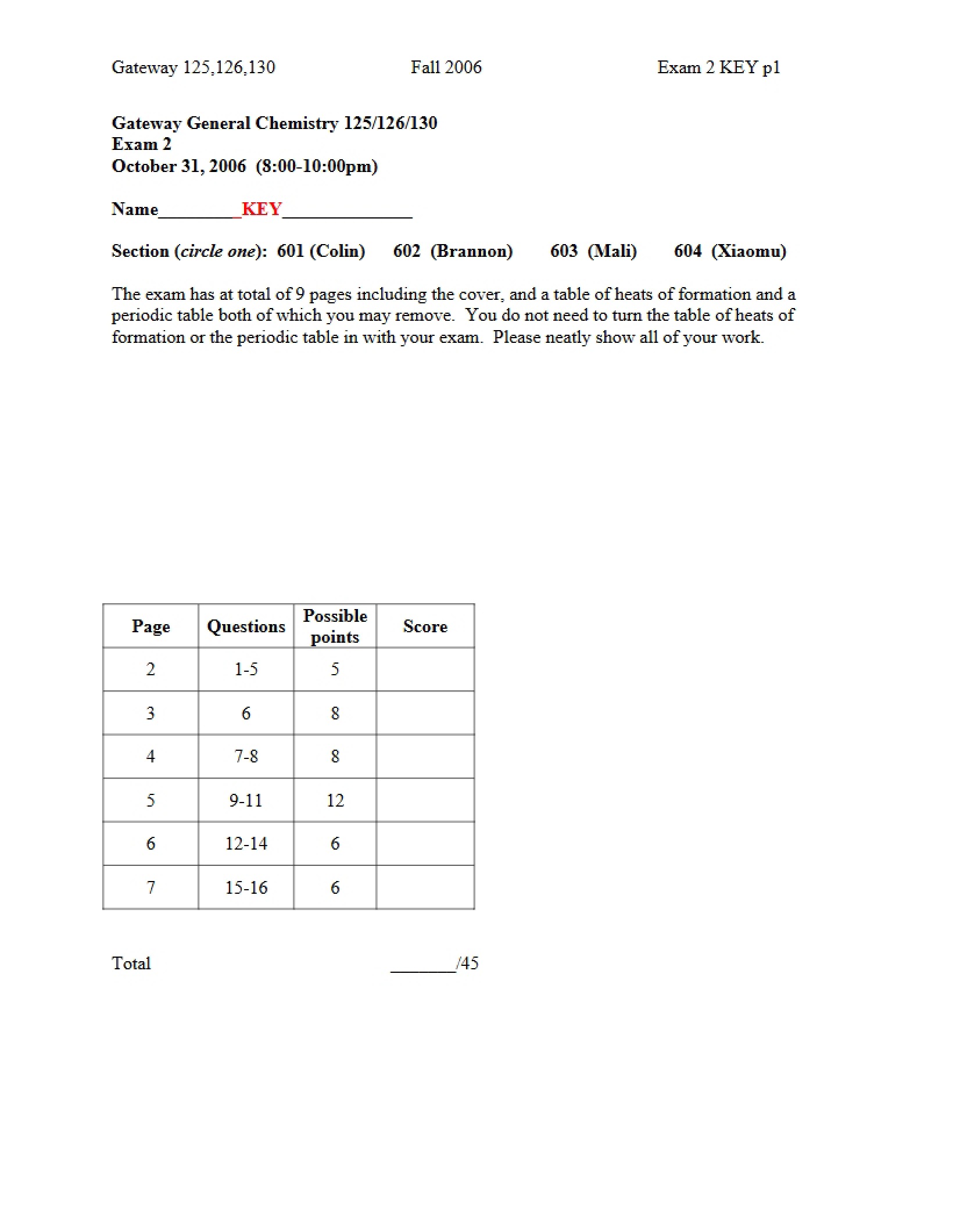 Key for Exam 2