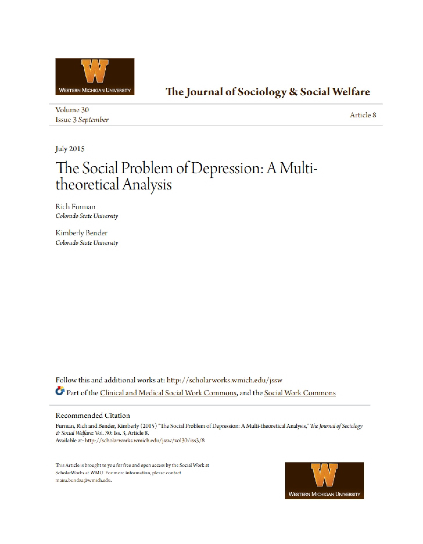 Depression as a Social Issue (Furman & Bender)