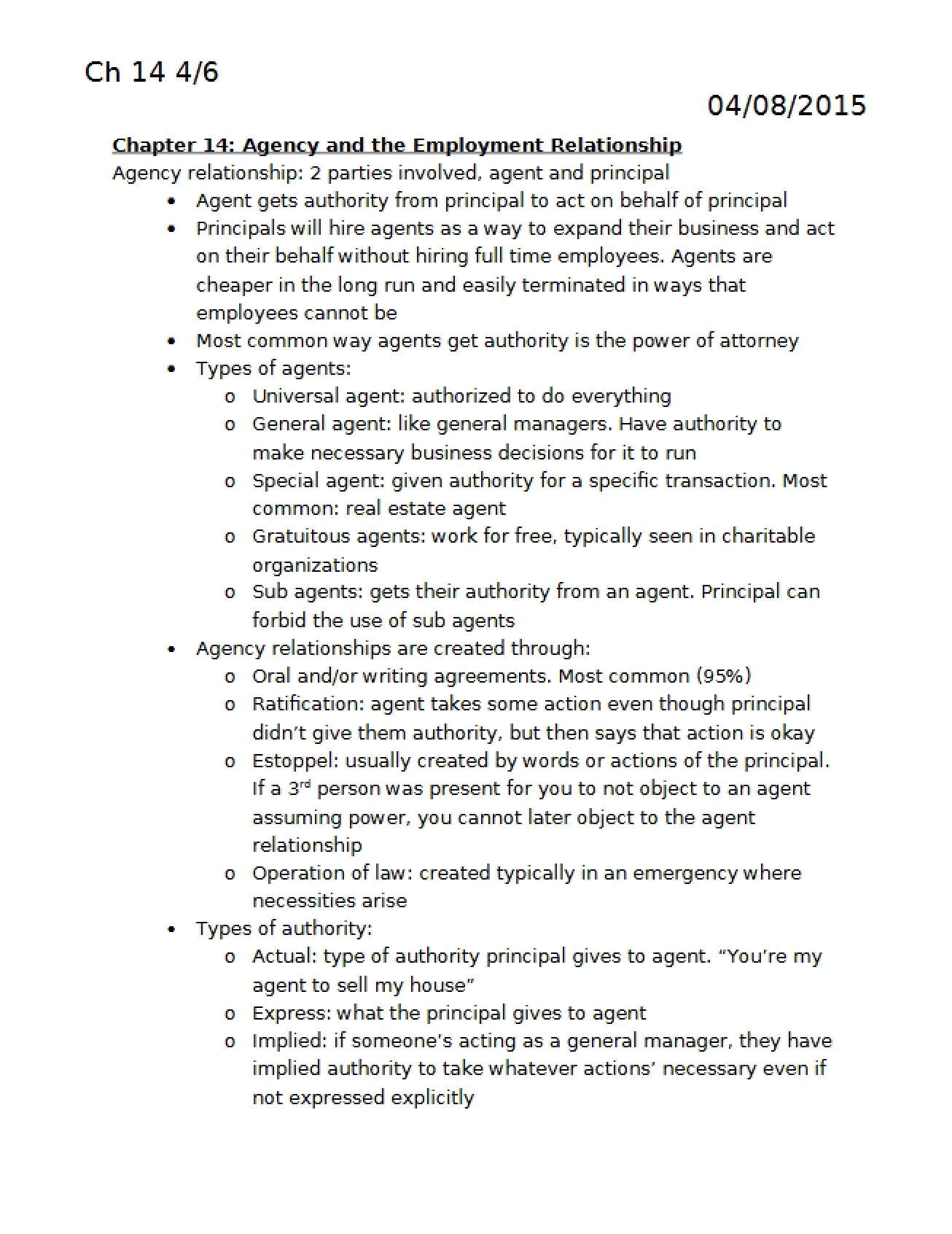 Agency and Employment Relationship - Ch 14