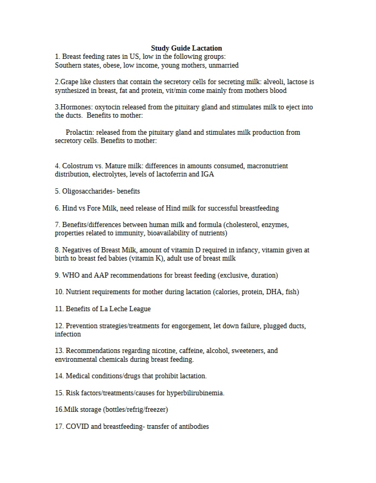 Lactation Study Guide