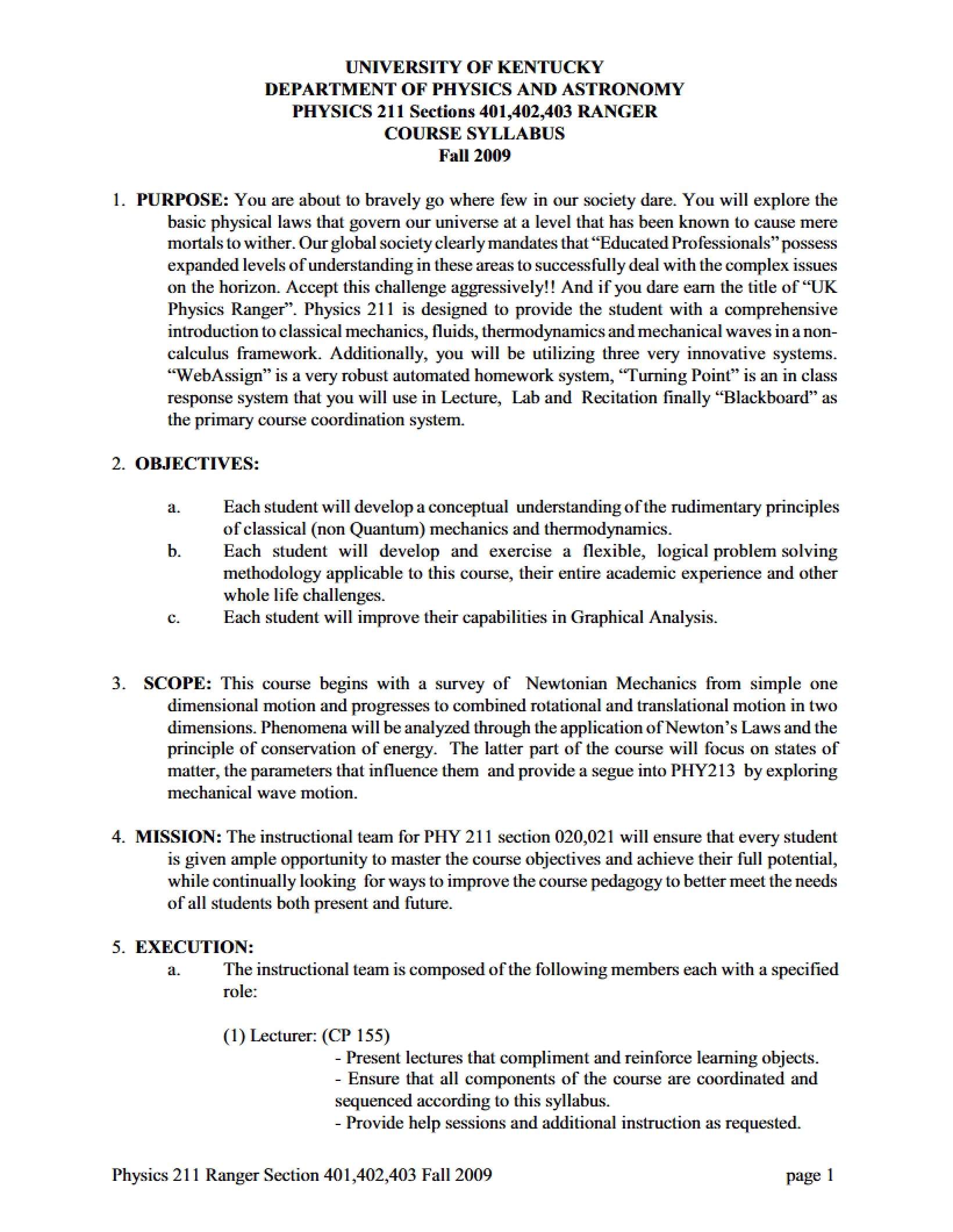 Ranger Course Syllabus (Sections 401, 402, 403)