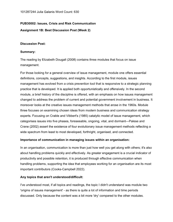 Best Discussion Post for Assignment 1B