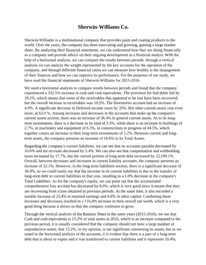 Finance Analysis of Sherwin-Williams