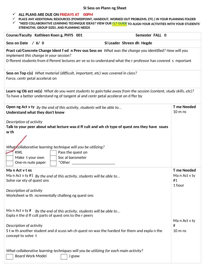 SI Session Planning Strategies - Physics 2001