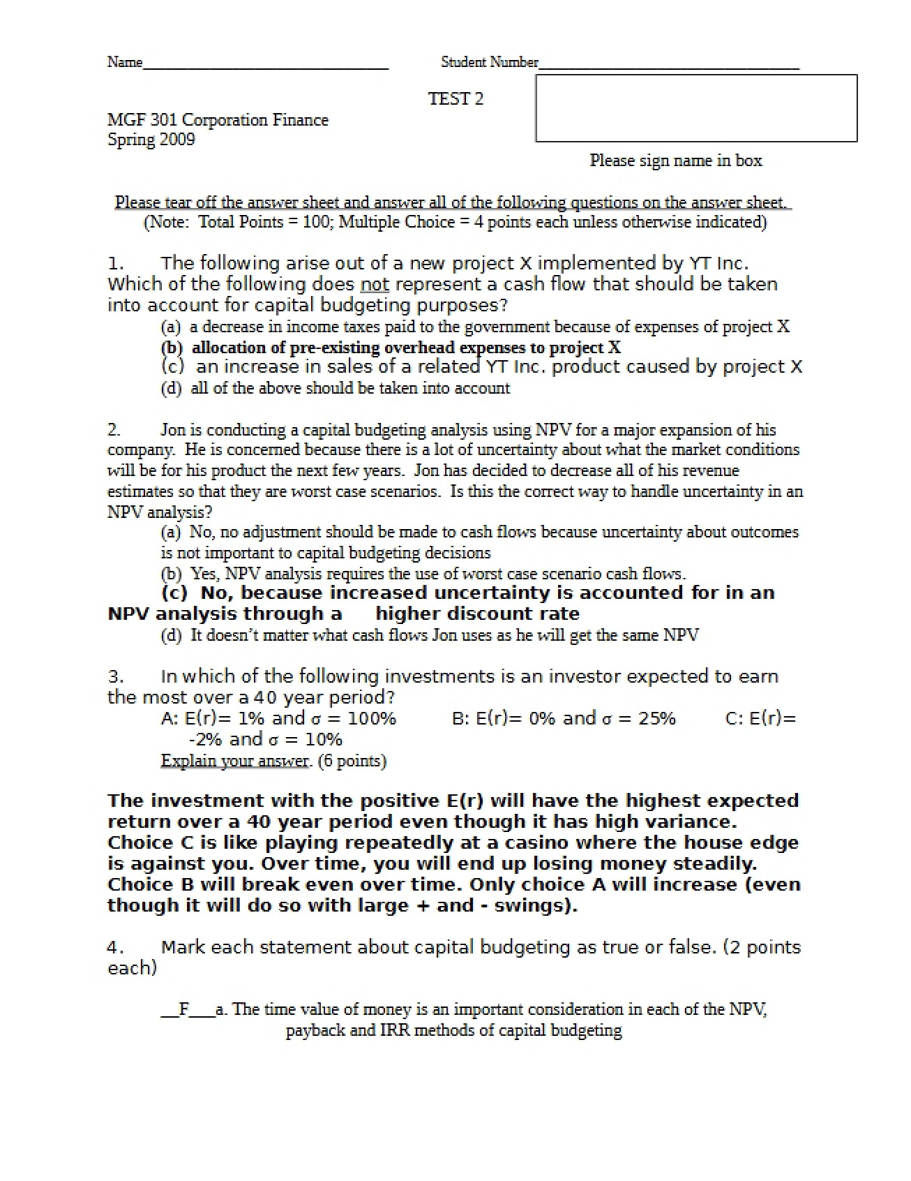 Answers for Spring 2009 Test Version 1