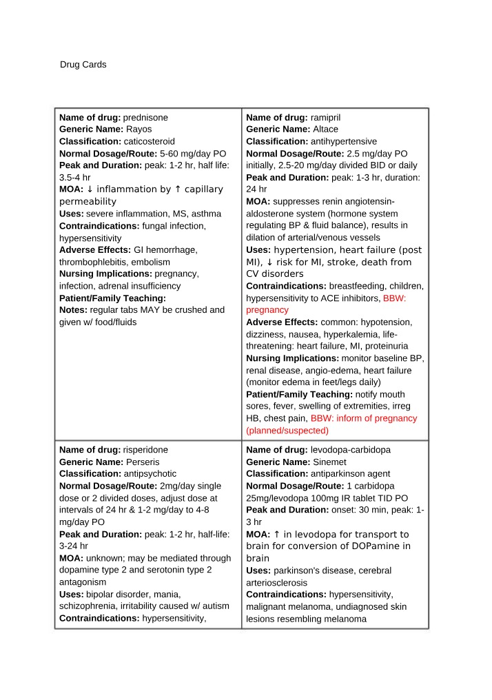 Drug Cards - Prednisone for Inflammation and Ramipril for Asthma