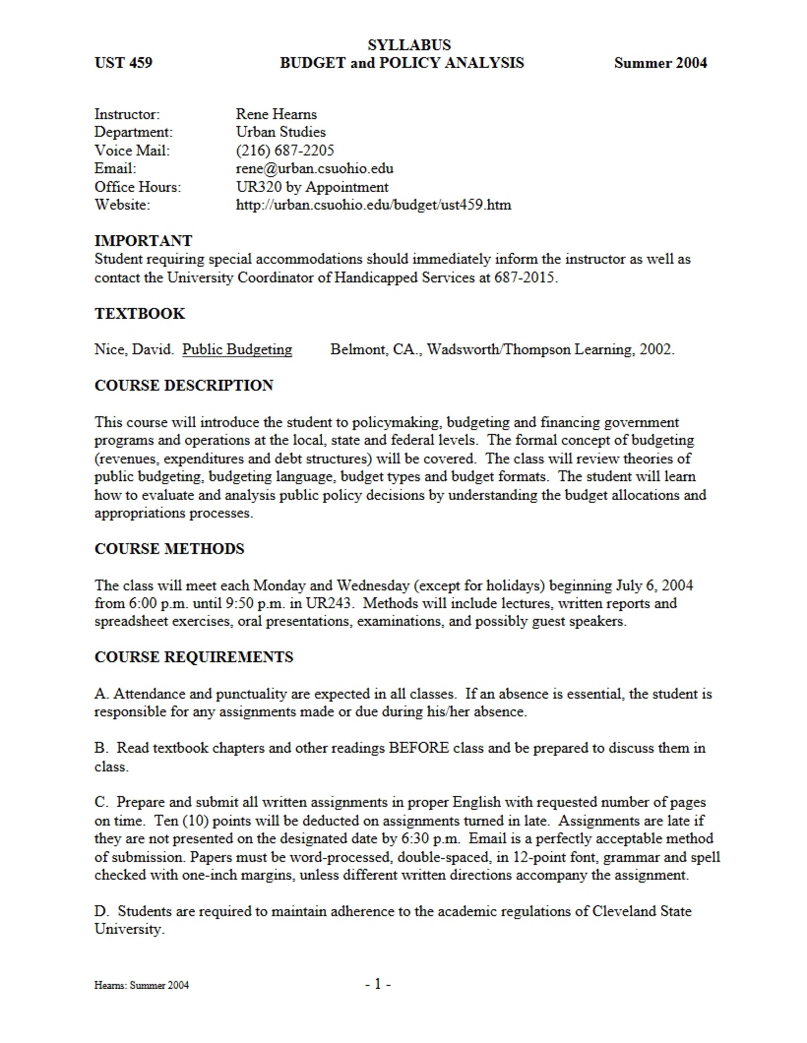 Course Outline Budgeting and Policy Analysis