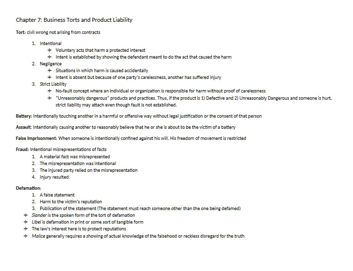 Product Liability and Torts in Business (Ch 7)