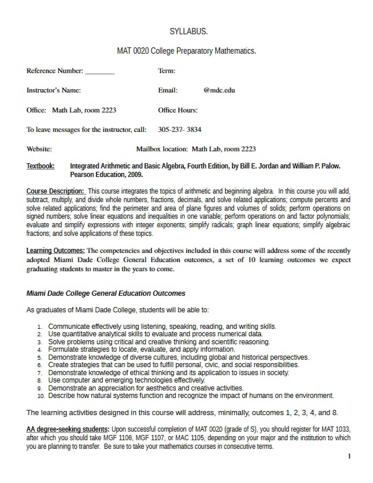 College Preparatory Mathematics Syllabus - 8 Pages