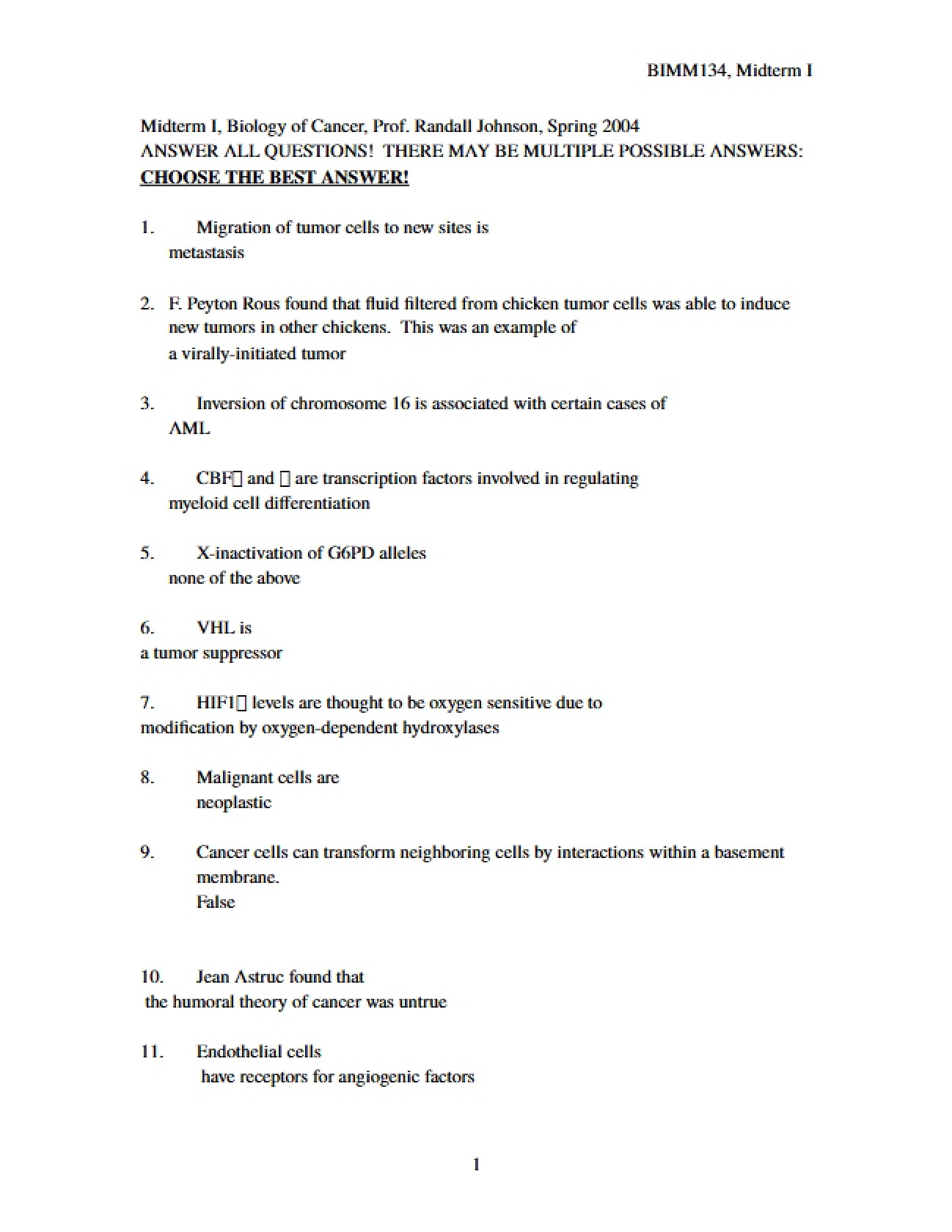 Initial Major Assessment for Cancer Biology