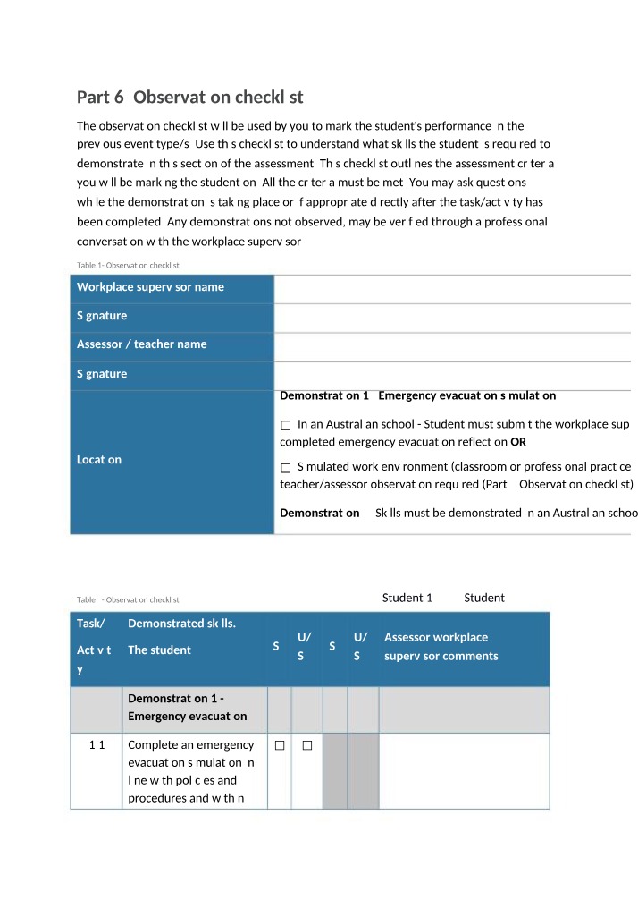 Emergency Evacuation Simulation - Observation Checklist