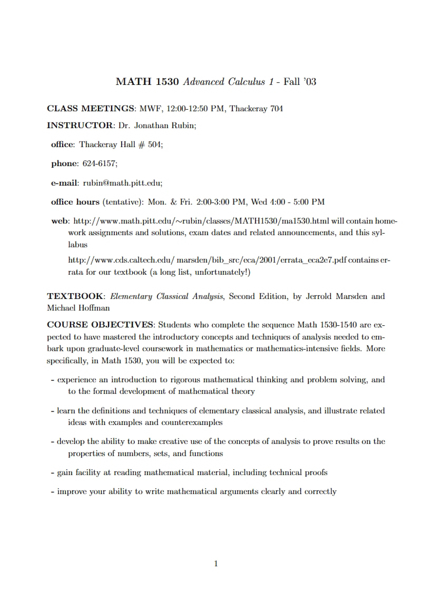 Syllabus for Advanced Calculus 1