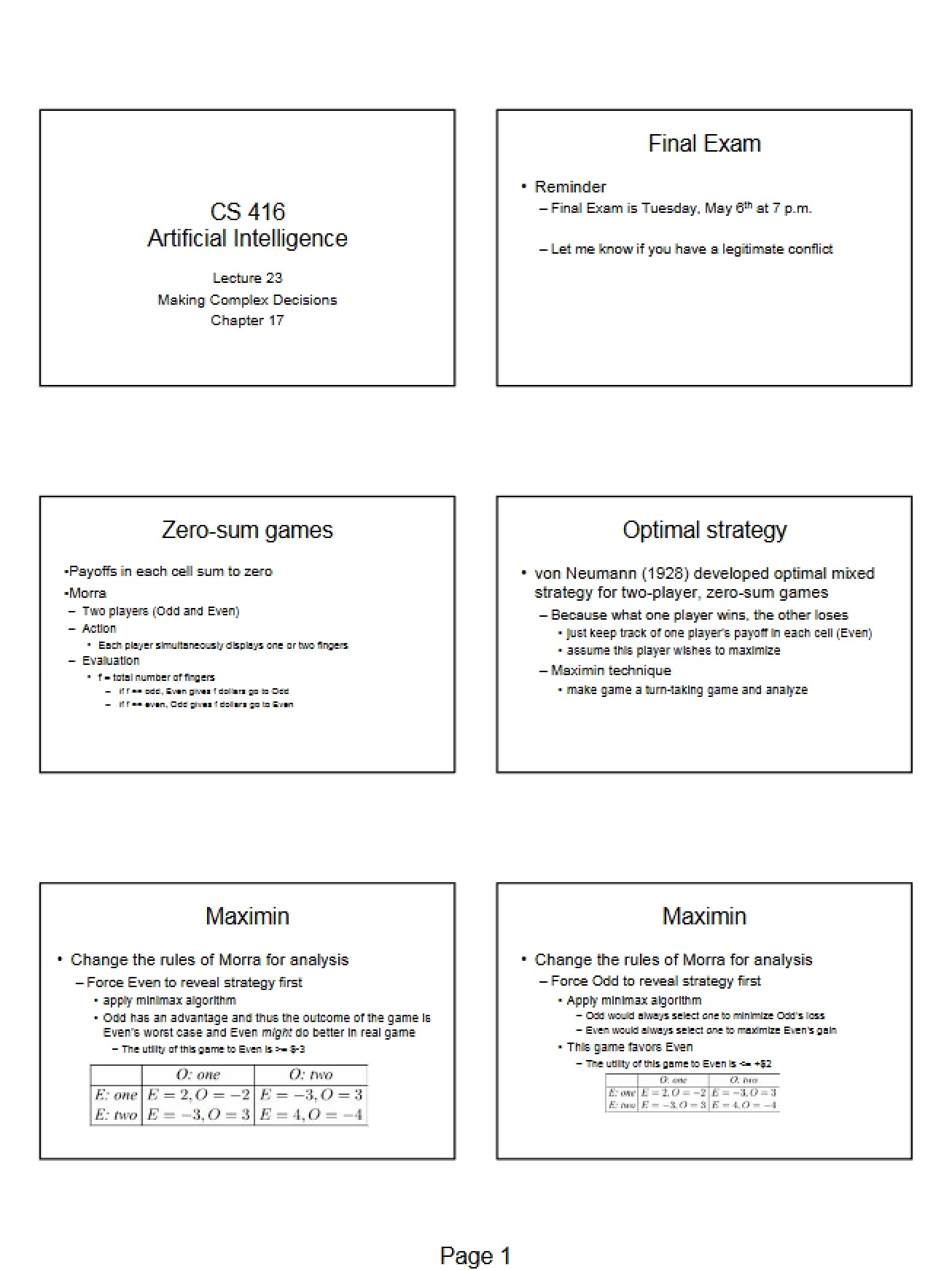 Making Complex Decisions Chapter 17 (Lecture 23)