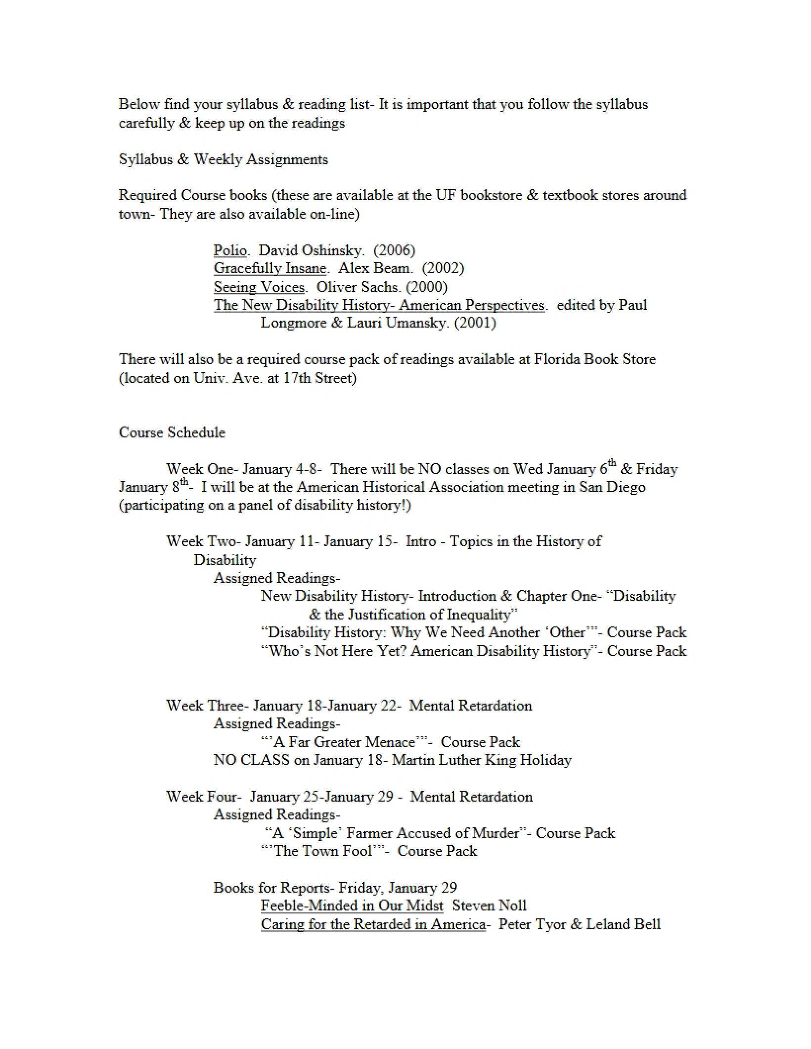 Reading List and Syllabus Disability in America