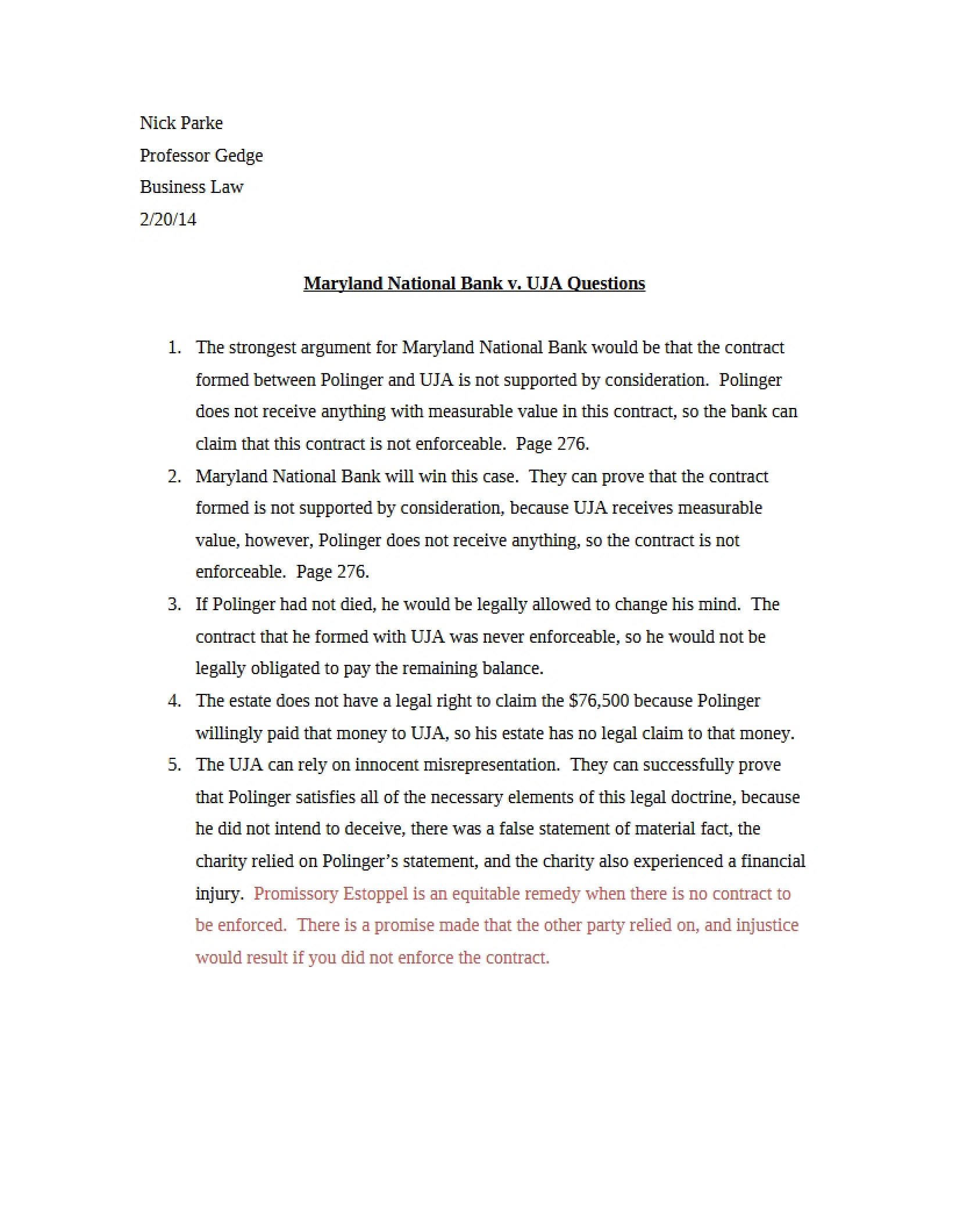 Questions Maryland National Bank v. UJA