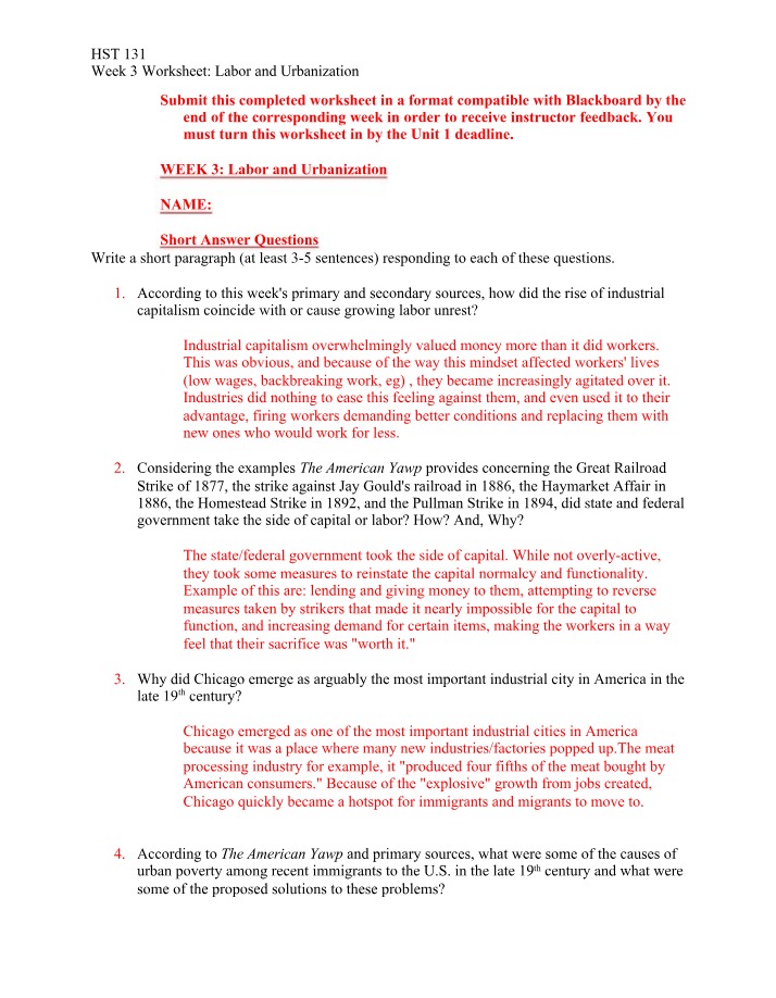 Worksheet on Labor and Urbanization