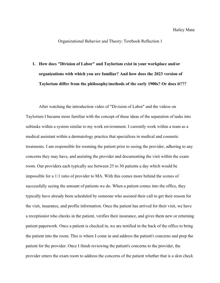 Textbook Reflection 1 - Organizational Behavior and Theory