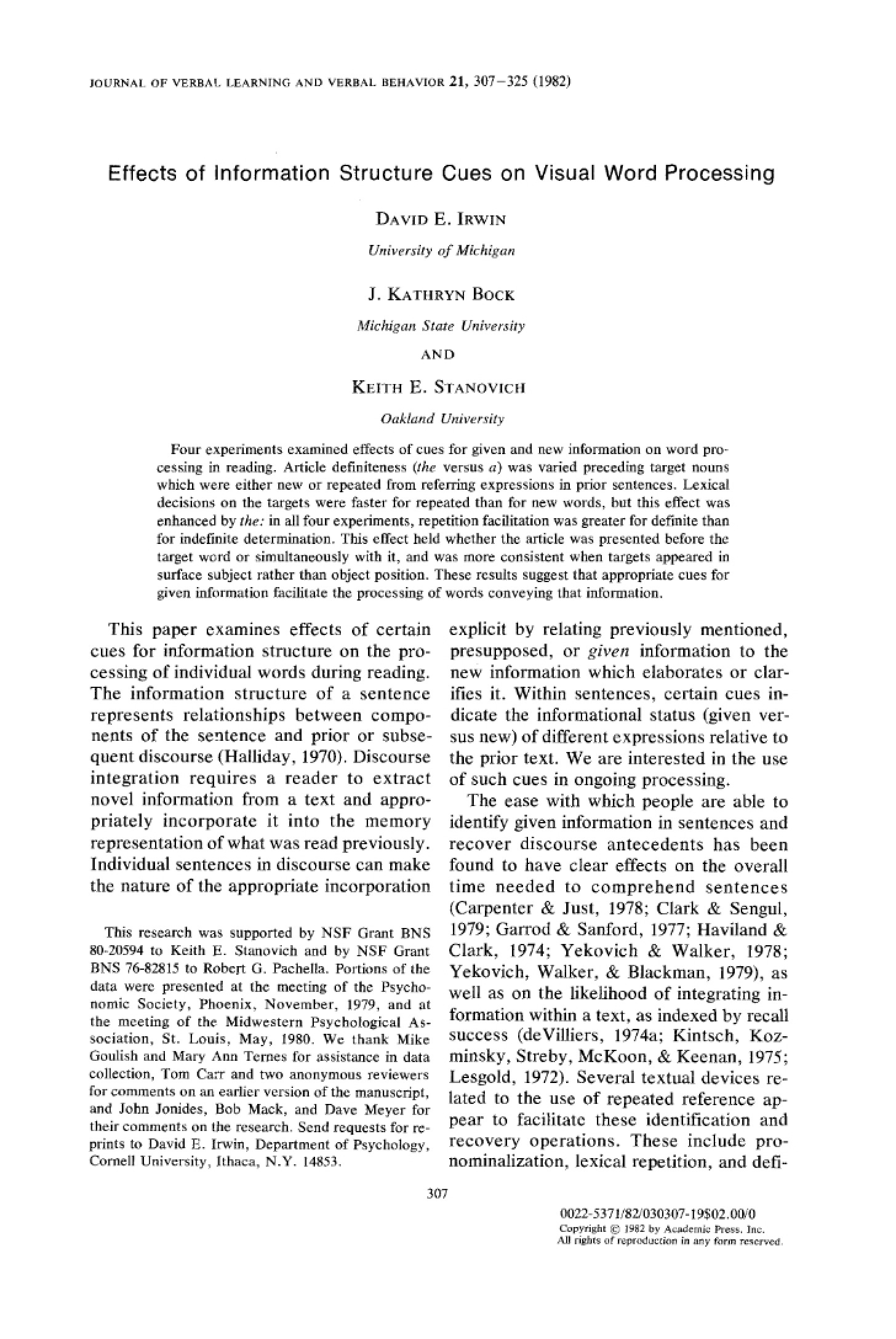 Visual Word Processing and Information Structure Cues