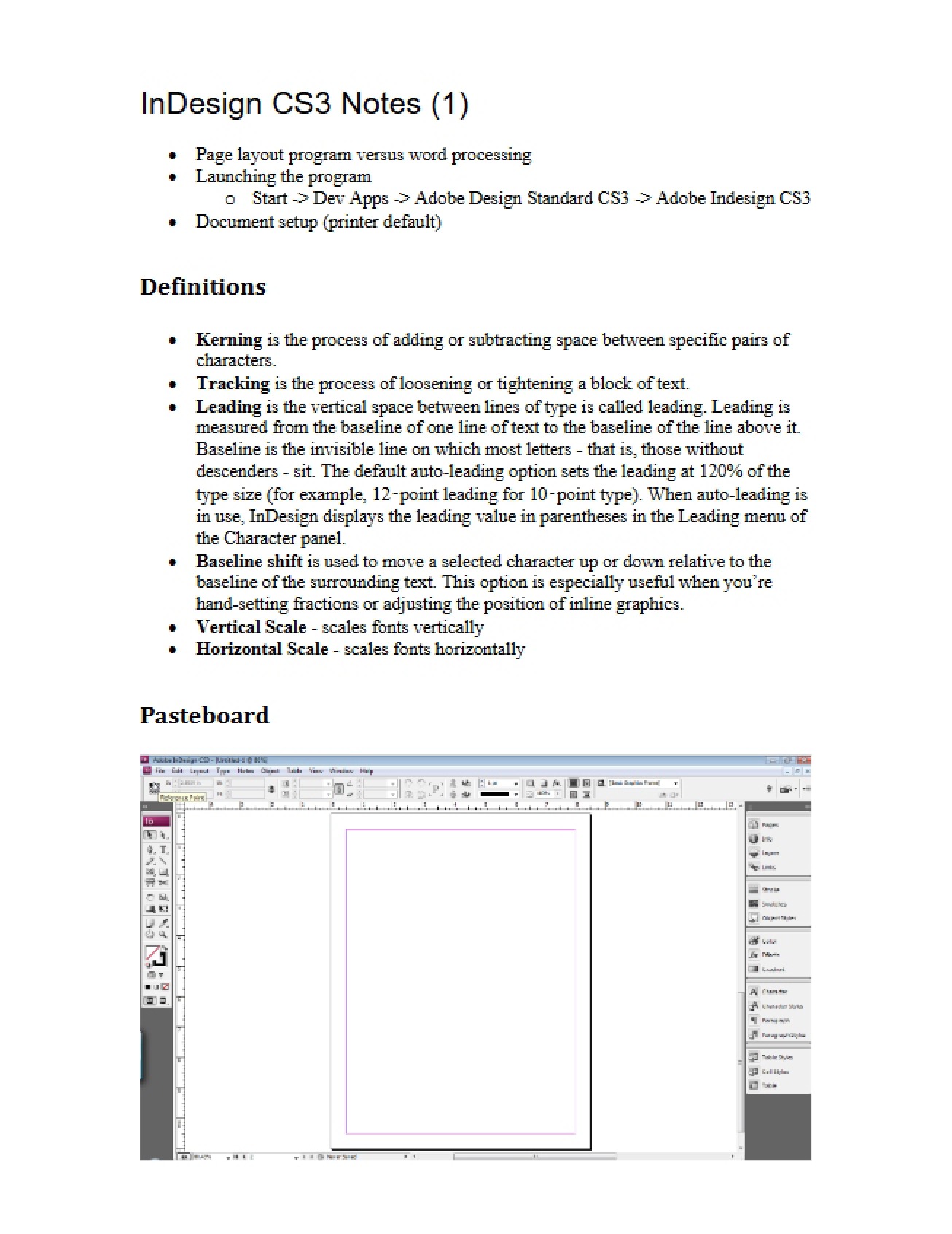 Notes Sheet InDesign Class 1