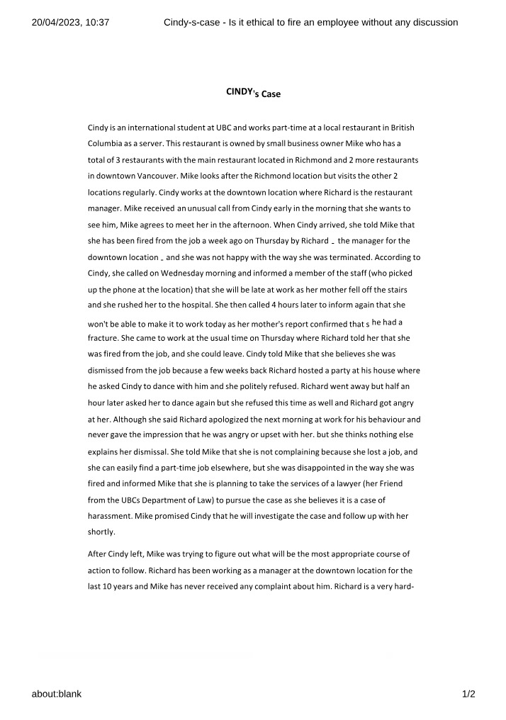 Case Study for Cindy