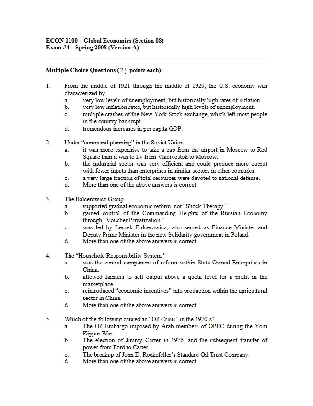 Exam Number Four for Global Economics