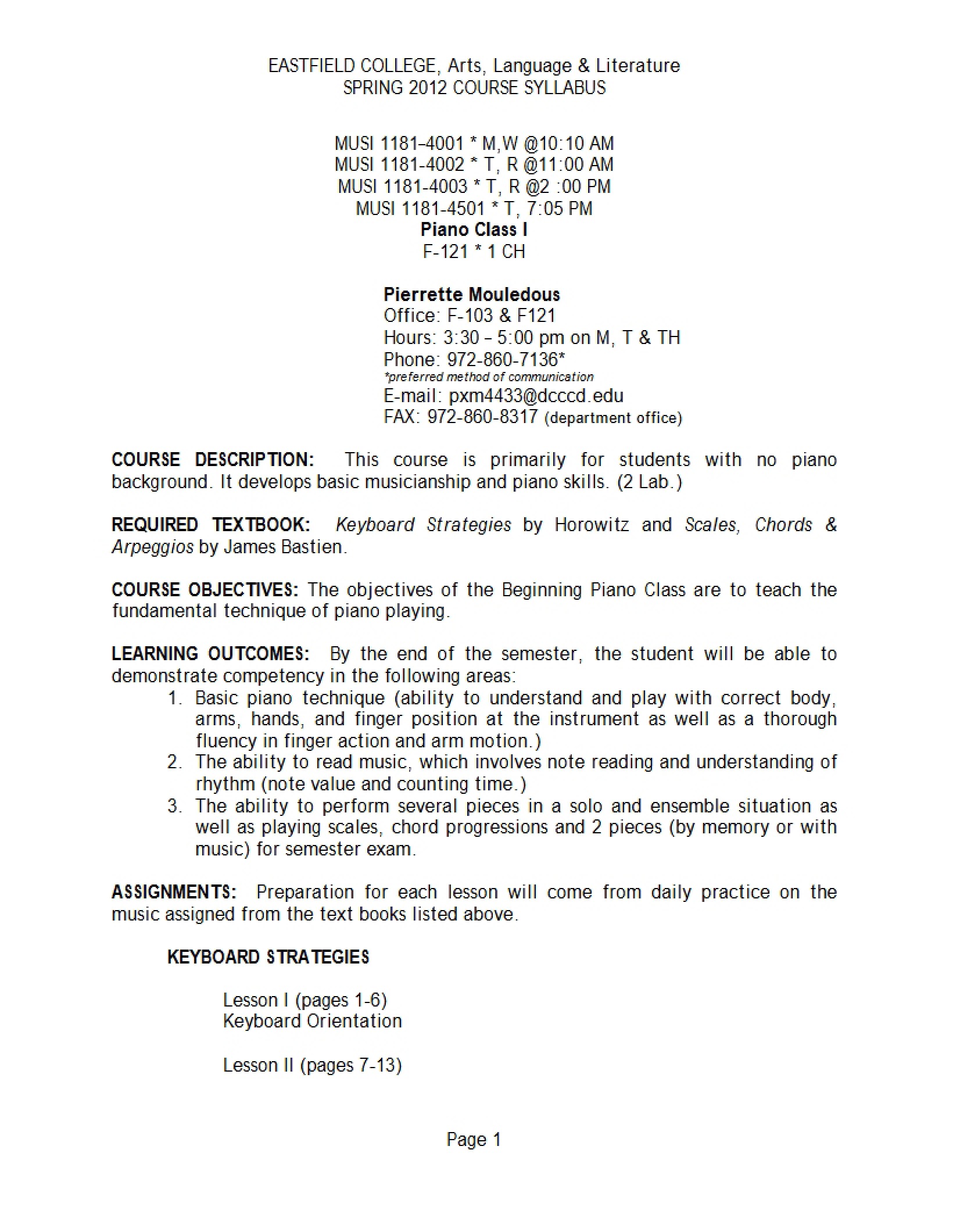 Course Syllabus for Piano Class I