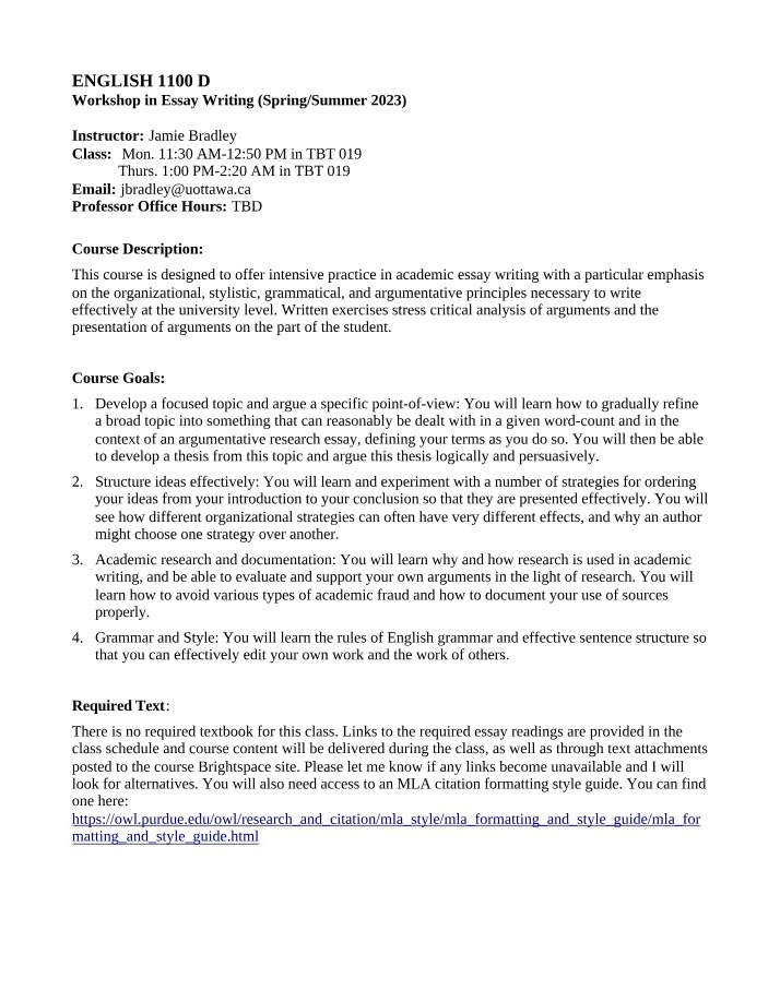 English 1100 - Academic Essay Writing Workshop