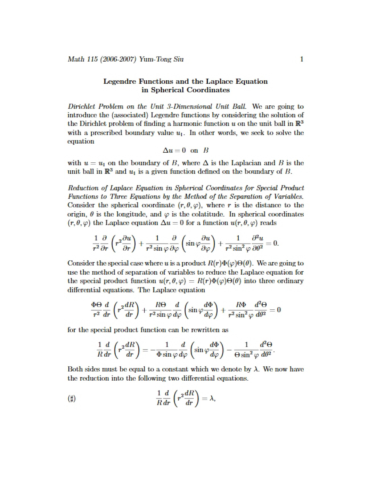 Laplace Equation in Spherical Coordinates